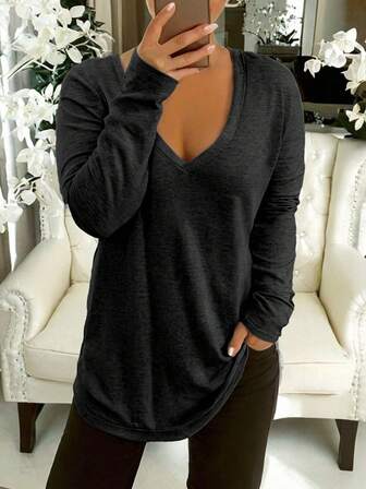 Plus Casual solid V-hals Enkel mode T-shirt toppar