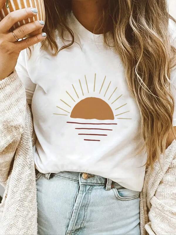 Ladies' Simple And Versatile Sun Printed Casual Round Neck Short Sleeved T-Shirt, Summer New Fashionable And Comfortable.Graphic Tees Women White Top Black Top