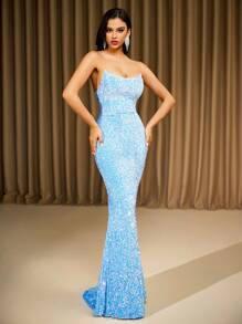 LOVE&LEMONADE Light Blue Sequin Backless Tie-Up Long Evening Gown, Party Dress, Wedding Guest Dress, Formal Dress, Evening Dress