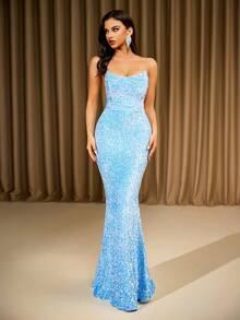 LOVE&LEMONADE Light Blue Sequin Backless Tie-Up Long Evening Gown, Party Dress, Wedding Guest Dress, Formal Dress, Evening Dress