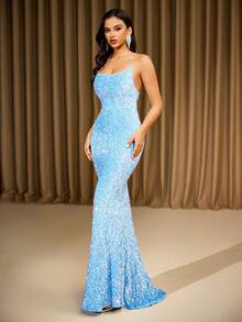LOVE&LEMONADE Light Blue Sequin Backless Tie-Up Long Evening Gown, Party Dress, Wedding Guest Dress, Formal Dress, Evening Dress