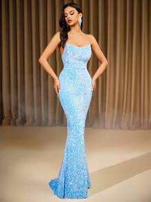 LOVE&LEMONADE Light Blue Sequin Backless Tie-Up Long Evening Gown, Party Dress, Wedding Guest Dress, Formal Dress, Evening Dress