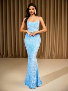 LOVE&LEMONADE Light Blue Sequin Backless Tie-Up Long Evening Gown, Party Dress, Wedding Guest Dress, Formal Dress, Evening Dress