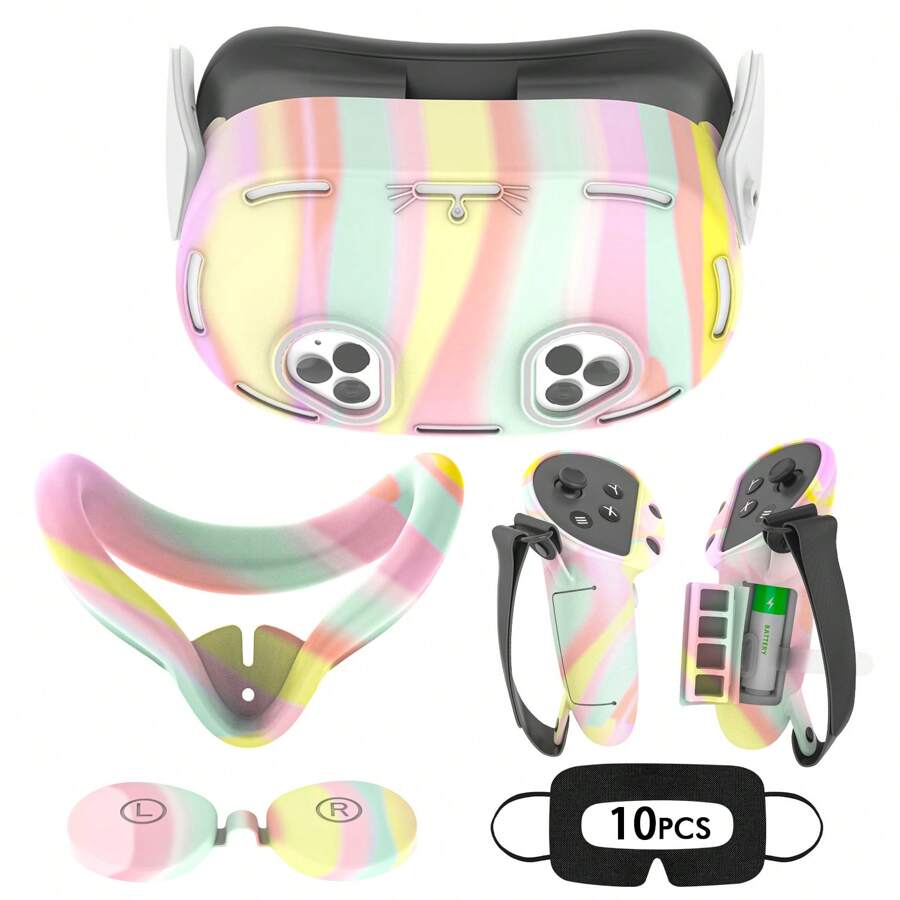 Silicone Cover Set Compatible With Oculus/Meta Quest 3S, VR Accessories For Meta Quest 3S, Protective Cover Set Includes Controller Grip Cover, Face Cover, VR Shell Cover (Blue) - Macaron - View 1