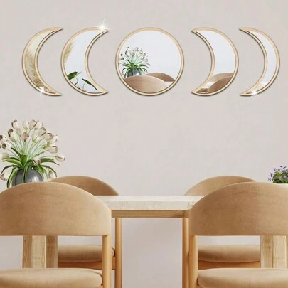 5/7-Piece Gradient Moon Phase Acrylic Mirror Wall Decal Set With Wooden Base Frame DIY Adhesive Backing Allows For Customizable Arrangement And Easy Removal Ideal For Living Rooms, Bedrooms, Studies, Dining Areas, Rental Spaces, Bathrooms, Entryways, And Hallways Modern Creative Design With Artistic Flair For Wall Decor Perfect For Ramadan Wall Decorations, Valentine's Day Interior Accents, New Year Ornaments, And Springtime Displays
