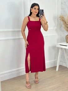 Women's Wine Viscose Dress With Slit, Stretch And Elegant Lining For Summer - 查看 3