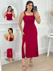 Women's Wine Viscose Dress With Slit, Stretch And Elegant Lining For Summer - 查看 1