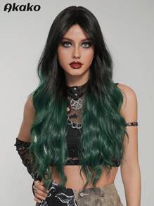 AKAKO Tóc giả màu xanh lá cây đậm ombre cho phụ nữ tóc giả xoăn gợn sóng dài thêm với mái che trông tự nhiên thời trang bằng sợi tổng hợp tóc giả màu trang phục cho bé gái sử dụng trong tiệc Giáng sinh dài 30 inch / 76 cm - Màu xanh lá cây đậm - Xem 1