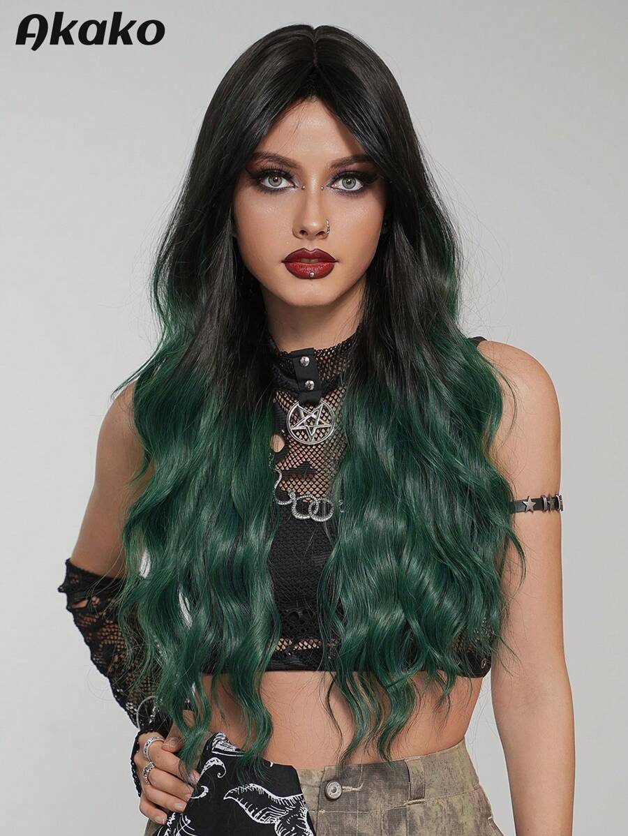 AKAKO Tóc giả màu xanh lá cây đậm ombre cho phụ nữ tóc giả xoăn gợn sóng dài thêm với mái che trông tự nhiên thời trang bằng sợi tổng hợp tóc giả màu trang phục cho bé gái sử dụng trong tiệc Giáng sinh dài 30 inch / 76 cm - Màu xanh lá cây đậm - Xem 1