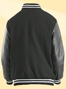 Mens Melton Faux Leather PU Sleeve Letterman Varsity Jacket Casual New Autumn Men Jacket - 黑色 - 查看 3