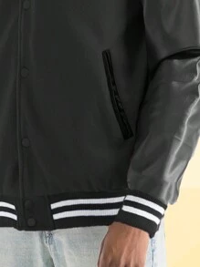 Mens Melton Faux Leather PU Sleeve Letterman Varsity Jacket Casual New Autumn Men Jacket - 黑色 - 查看 2