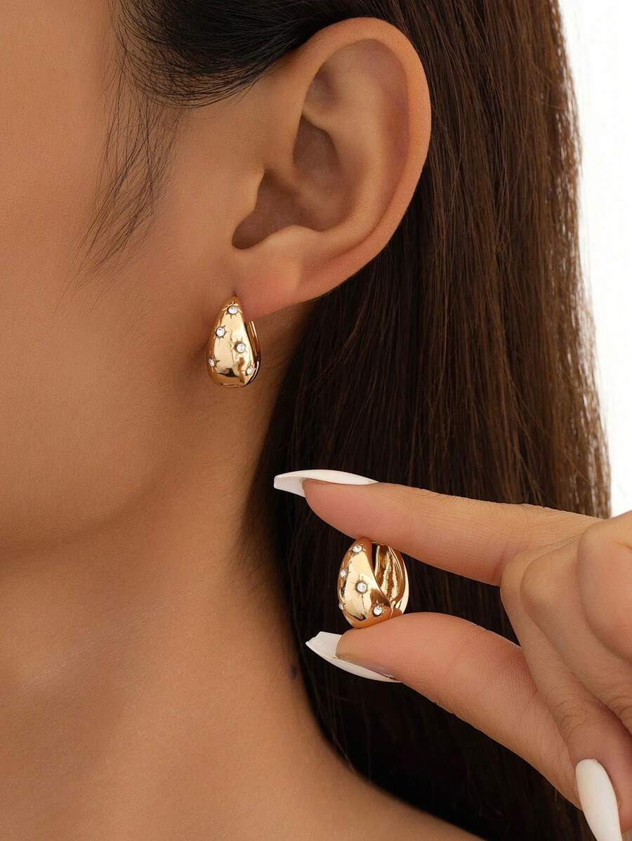 1 Pair Exquisite 8-Point Star Earrings, Polished Metal Water Drop Hoop Earrings, French High-End Design, Openable And Closable Ear Studs, Suitable For Women's Daily Wear - Earrings - View 1