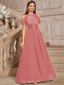优雅高领亮片花卉蕾丝露肩晚礼服长裙 - 藕粉色 - 查看 6