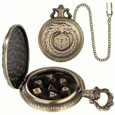 1pc Retro-Style Dragon Pattern Pocket Watch Case With Thick Chain And 7 Table Games Dice - Casual Alloy Construction, Magnetic-Free Design
