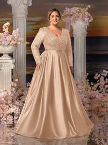 Faeriesty Mosy Plus Long Sleeves Surplice Neck Stain Hem Mother Of The Bride Dresses