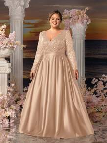 Faeriesty Mosy Plus Long Sleeves Surplice Neck Stain Hem Mother Of The Bride Dresses