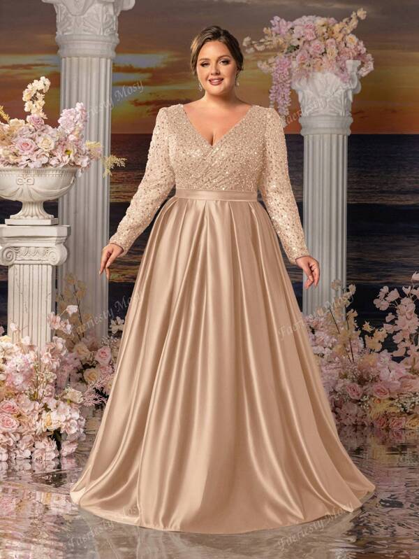 Faeriesty Vestidos de la madre de la novia con cuello cruzado, mangas largas y dobladillo manchado de Mosy Plus
