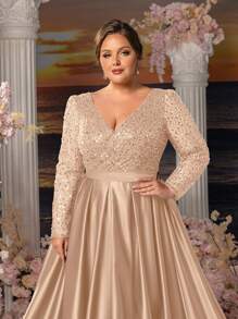 Faeriesty Mosy Plus Long Sleeves Surplice Neck Stain Hem Mother Of The Bride Dresses