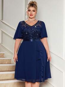 Đầm dạ hội cỡ lớn cổ chữ V đính sequin, ren hoa, tay áo cánh bướm bằng chiffon phối màu tương phản, viền bèo nhún, thích hợp cho tiệc cocktail, tiệc cưới hoặc các dịp bán trang trọng khác, sinh nhật, lễ tốt nghiệp, dạ hội mùa hè. - Màu xanh hải quân - Xem 10