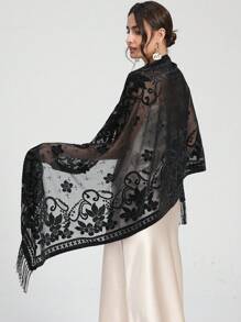 1pc Flocked Burnout Scarf, Solid Color Lace 3D Flocked Shawl, Long Floral Wrap For Evening Party, Date, Elegant Beautiful Soft Scarf For Women Valentines