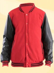 Mens Melton Faux Leather PU Sleeve Letterman Varsity Jacket Casual New Autumn Men Jacket - 紅 黑 - 查看 1