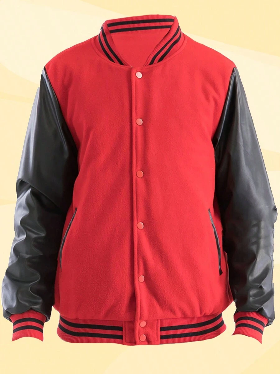 Mens Melton Faux Leather PU Sleeve Letterman Varsity Jacket Casual New Autumn Men Jacket - 紅 黑 - 查看 1