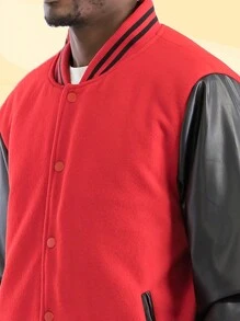 Mens Melton Faux Leather PU Sleeve Letterman Varsity Jacket Casual New Autumn Men Jacket - 紅 黑 - 查看 5