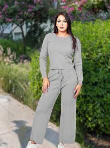 Conjunto De Dama Set De 2 Piezas Cárdigan , Con Bolsas Frontales Y Pantalón Pants Largo De Campana TALLA GRANDE - Gris - Ver 1