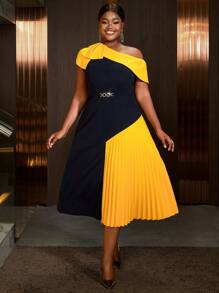 Plus Size Women Asymmetrical Collar Pleated A-Line Commuter Dress - Navy Blue - View 9