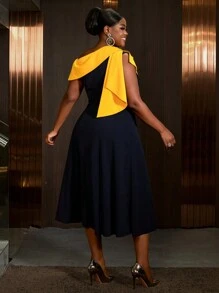 Plus Size Women Asymmetrical Collar Pleated A-Line Commuter Dress - Navy Blue - View 3
