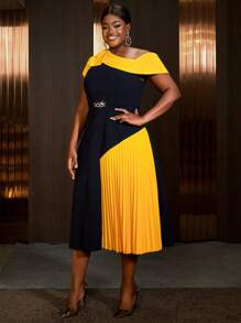 Plus Size Women Asymmetrical Collar Pleated A-Line Commuter Dress - Navy Blue - View 6
