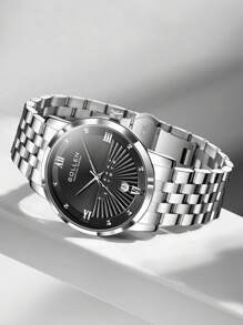 SOLLEN Silver‌ Luxury Men's Dress Watch, Stainless Steel Waterproof Business Casual Quartz Watch With Calendar, Fashionable Gift For Men