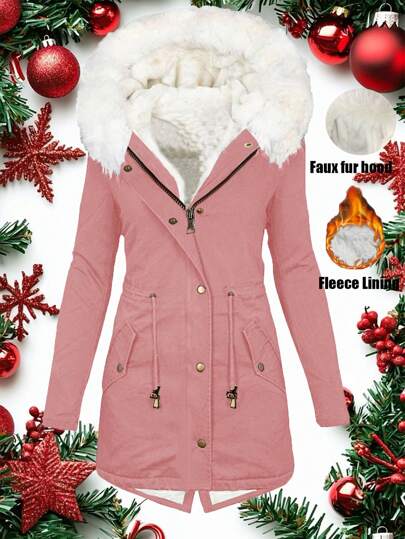 Women Front Zipper Long Sleeve Pocket Hooded Fur Collar Jacket, Casual Everyday Wear, Christmas