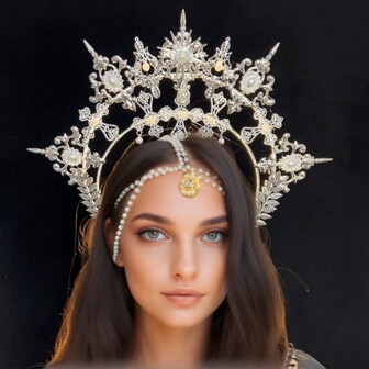 1 pièce Serre-tête couronne gothique dorée - Bandeau halo de conte de fées en alliage de zinc - Décoration de cristal brillant pour coiffure de fête, convient pour mariage, fiançailles, photographie, cosplay et célébration d'anniversaire