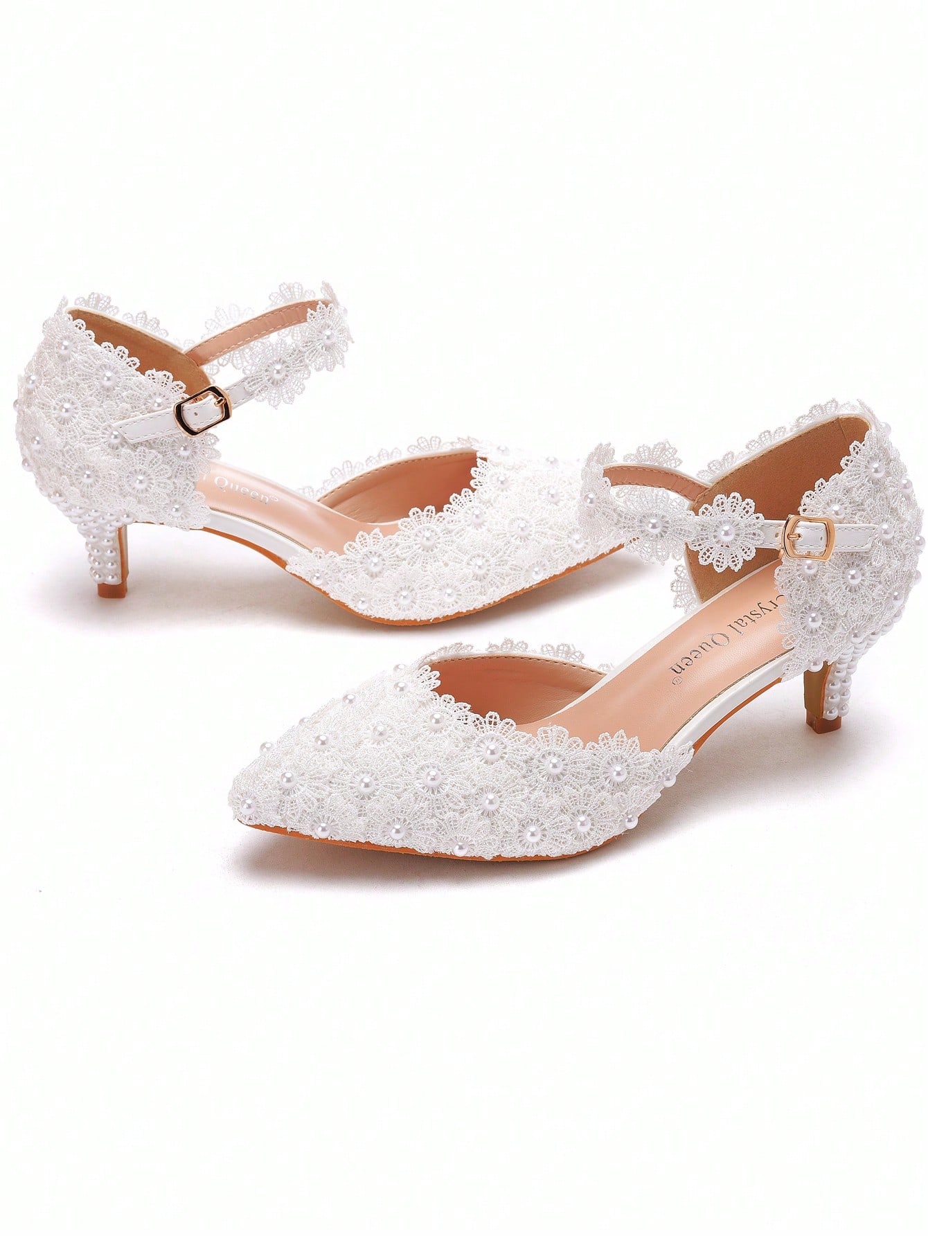 صنادل زفاف بكعب منخفض من الدانتيل الأبيض 5 سم للنس...
