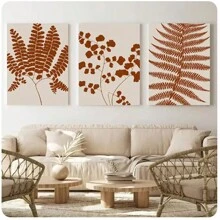 3pcs Self Adhesive Abstract Orange Plant Leaves Posters Farmhouse Fern Canvas Painting Modern Gallery Wall Art Room Decor Pictures Self-Adhesive Design, Easy To Install﻿