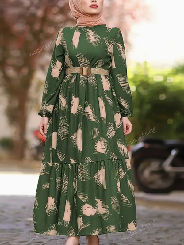Abito da donna stile arabo, con scollo tondo, maniche a lanterna, volant sulla gonna, stampa a spazzola, modesto