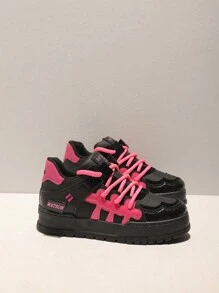 Men Stylish Colorblock Mid-Top Lace-Up Chunky Sneakers For Sports, Casual, Hiking In Summer And Autumn, Black And Pink - Black Powder - View 2