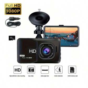 1pc 3-Inch Black Suction Cup 1080P HD Night Vision Vehicle Dash Cam With Speed Detection, Single Lens Loop Recording, IPS Screen, Easy Installation With 32GB Card