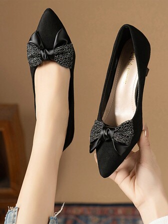 Black Pointed Toe High Heel Pumps Women Autumn Fashion Bowknot Velvet Thin Heel Casual Party Shoes Valentines