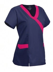 U4U Uniforms Women's Filipina V-Neck Crossover With Elastic Back - Navy and Fuchsia - View 3