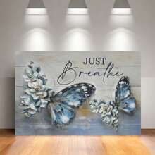 Farmhouse Blue Butterfly Flower Decor Wall Art Vintage Rustic Country Butterfly Just Breathe Pictures Wall Decor Canvas  Prints Artwork Home - Framed - View 3