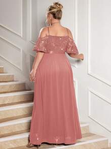 大码露肩吊带亮片花卉蕾丝拼接雪纺高开衩连衣裙，夏季正式礼服，优雅毕业舞会婚礼派对晚礼服，适合毕业典礼、晚宴、返校节等场合 - 藕粉色 - 查看 2