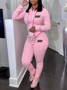 Tracksuit For Women Set 2 Piece Joggers Letter Print Jogging Sweat Outfits Hoodie And Sweatpants Set - Pink - View 1