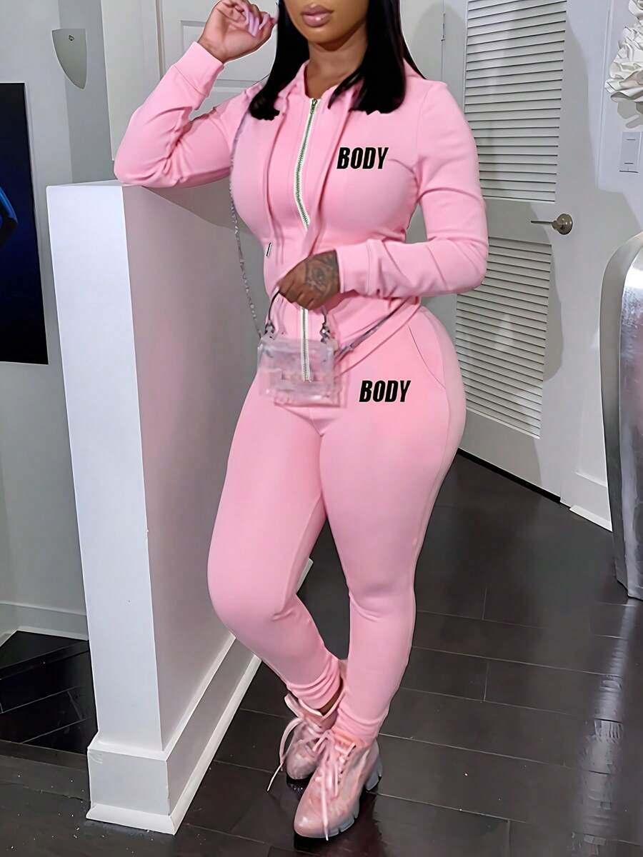 Tracksuit For Women Set 2 Piece Joggers Letter Print Jogging Sweat Outfits Hoodie And Sweatpants Set - Pink - View 1