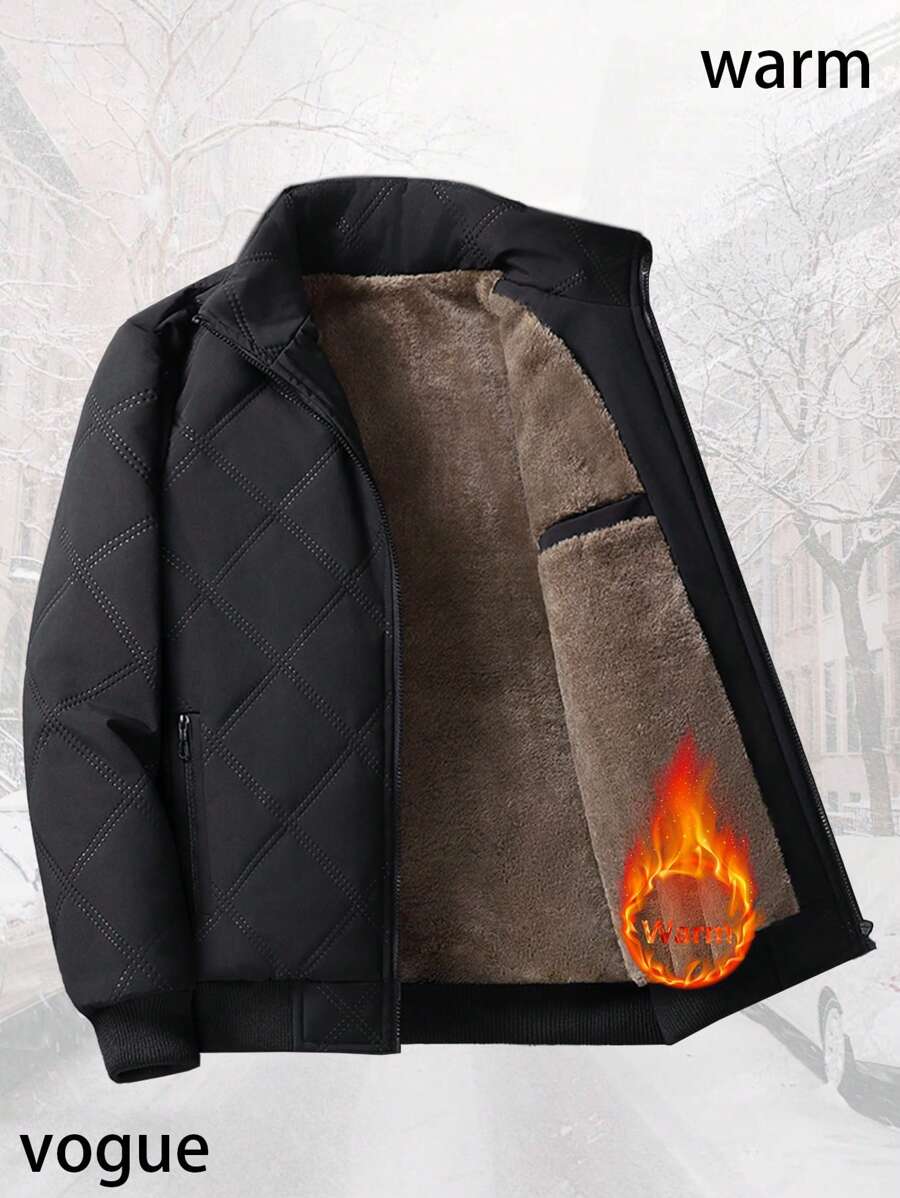 Men's Winter Jacket, Warm Solid Color Plaid Patchwork Design Thermal Lined Thick Coat - Black - View 1