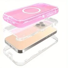 适用于 iPhone 16/15/14/13/12/11 系列透明手机壳，兼容 MagSafe，三层磁性充电盒，iPhone 16 Pro Max 重型防震防摔手机壳，适用于圣诞节、生日、新年礼物、冬季、送给家人、朋友、生日、女朋友、男朋友的礼物 - 粉色 - 查看 5