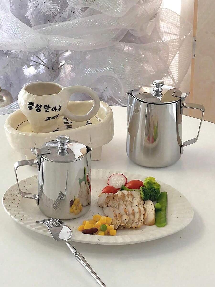 1pc Minimalist Luxury Korean Style Stainless Steel Milk Frother With Lid, Multifunctional Home Coffee Container, Spout Coffee Pot, Hand Drip Coffee Maker, Water Kettle Back To School