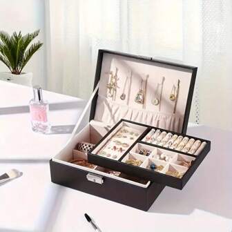 1 pieza Caja de almacenamiento de joyas de doble capa, estuche de joyas de PU de gran capacidad, caja de joyas de alta gama para protección contra el polvo y la oxidación de joyas, brochas de maquillaje, anillos, aretes, uso doméstico, exhibición de mostradores, accesorios DIY para organizador de almacenamiento de mujeres, artículos esenciales para viajes, regreso a la escuela, almacenamiento de dormitorio