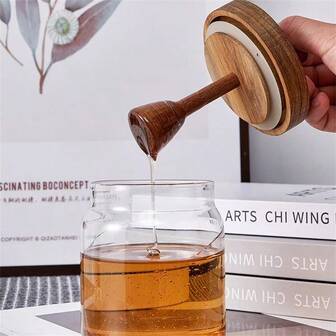 1pc Premium Large Glass Honey Jar Seasoning Jar With Wooden Stirrer - Durable High Borosilicate Glass, Transparent, Airtight, Kitchen Storage Essential - Elegant Wooden Stirring Stick Included For Easy Serving, 16.9oz